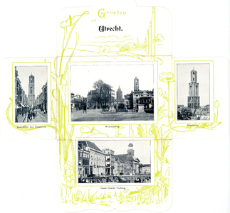 606687 Vierluik (uitvouwbaar) met gezichten te Utrecht:-de Zadelstraat met de Domtoren;-de Willemsbrug;-de Domtoren;-de ...